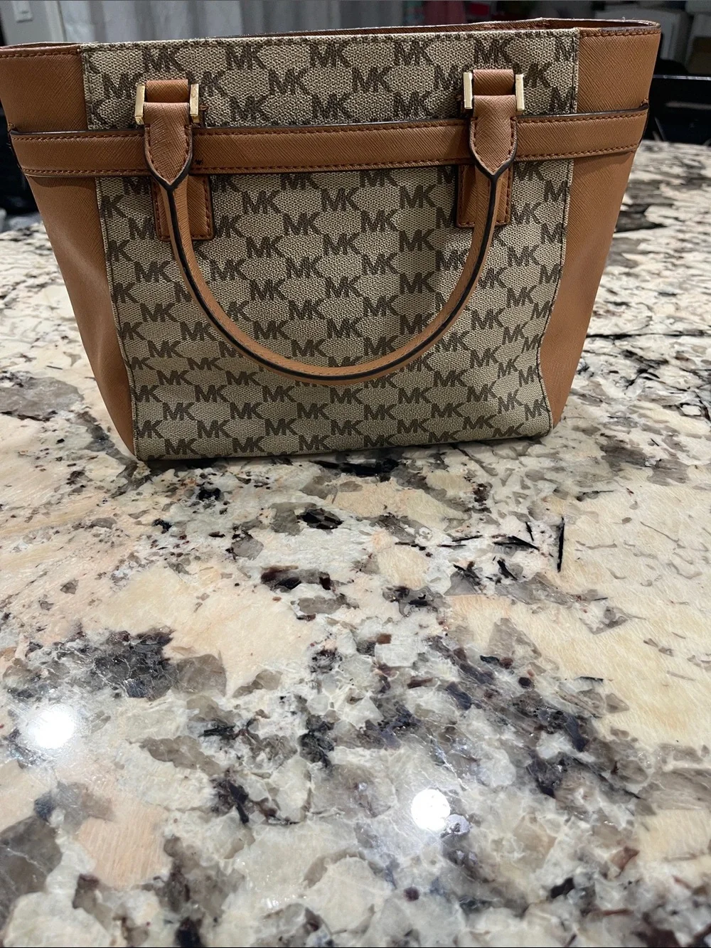 Michael Kors Beige MK Logo Satchel with Tan Trim and Gold Hardware